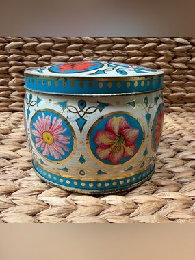 Vintage 70s Blue Gold Floral boho Canister Stash Storage Tin